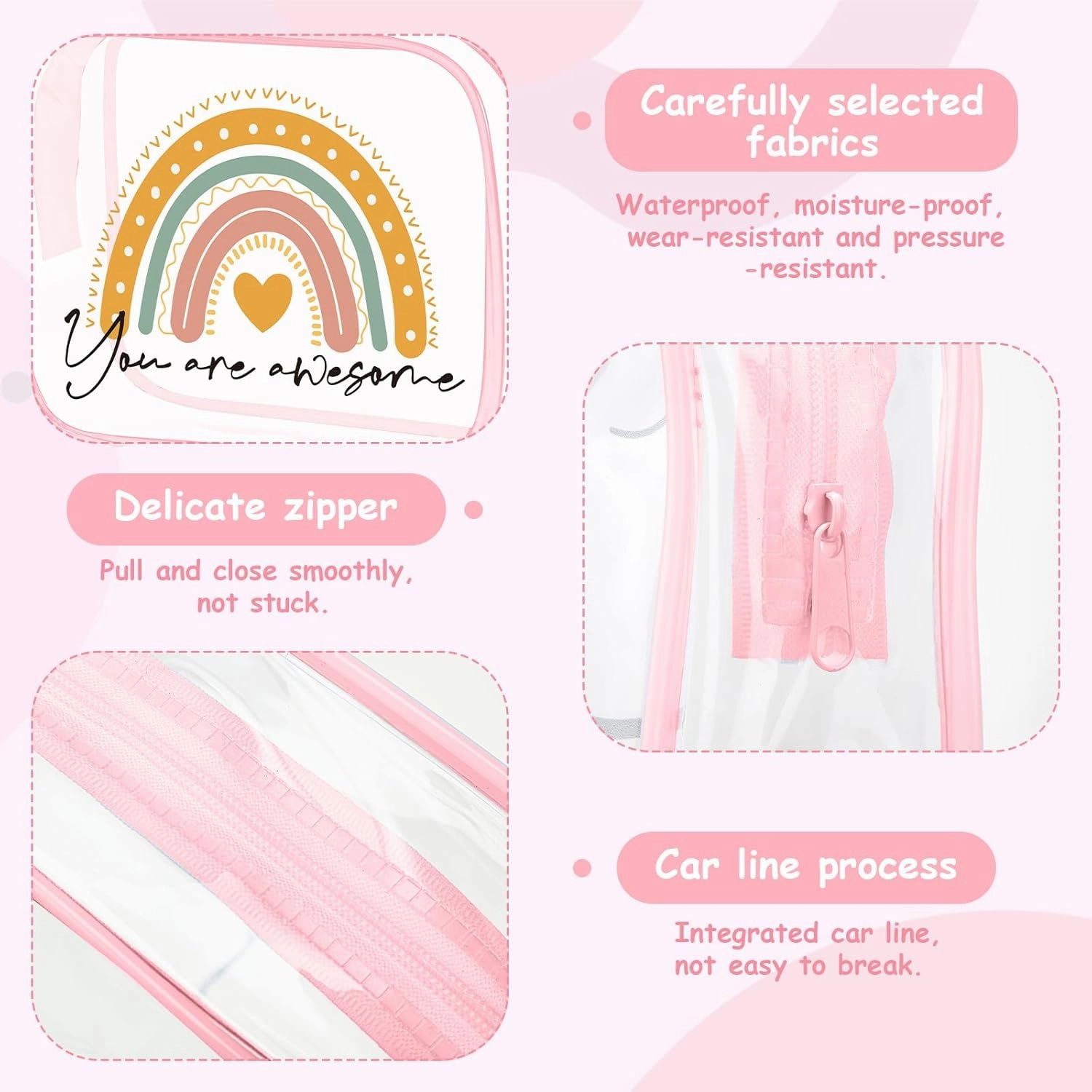 Hillban 12 Pcs Rainbow Clear Makeup Bag for Women Inspirational Quotes PVC Waterproof Cosmetic Bags Encouragement Travel Toiletry Pouch for Graduation Teacher Student Nurse Gifts(Pink)