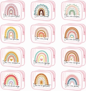 Hillban 12 Pcs Rainbow Clear Makeup Bag for Women Inspirational Quotes PVC Waterproof Cosmetic Bags Encouragement Travel Toiletry Pouch for Graduation Teacher Student Nurse Gifts(Pink)