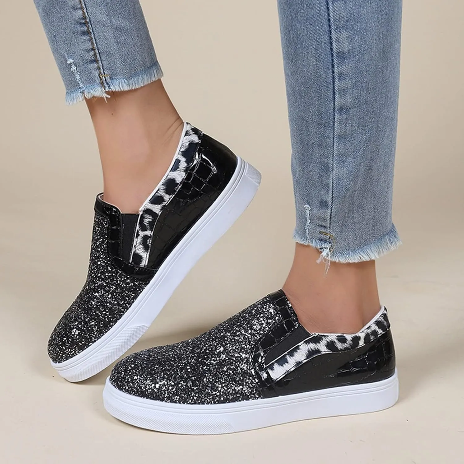 HINDOLA Women Rhinestone Platform Loafers Glitter Fashion Slip-On Sparkle Casual Flat Walking Shoes Bling Sequin Sneakers Black
