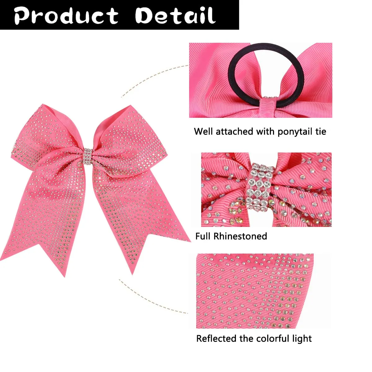 Hipcheer 10PCS Large Glitter Cheer Bows with Full Shiny Rhinestones Multicolored Shimmer Cheer Hair Bows Elastic Band Ponytail Holder for Cheerleader Girls Sports (Pink)