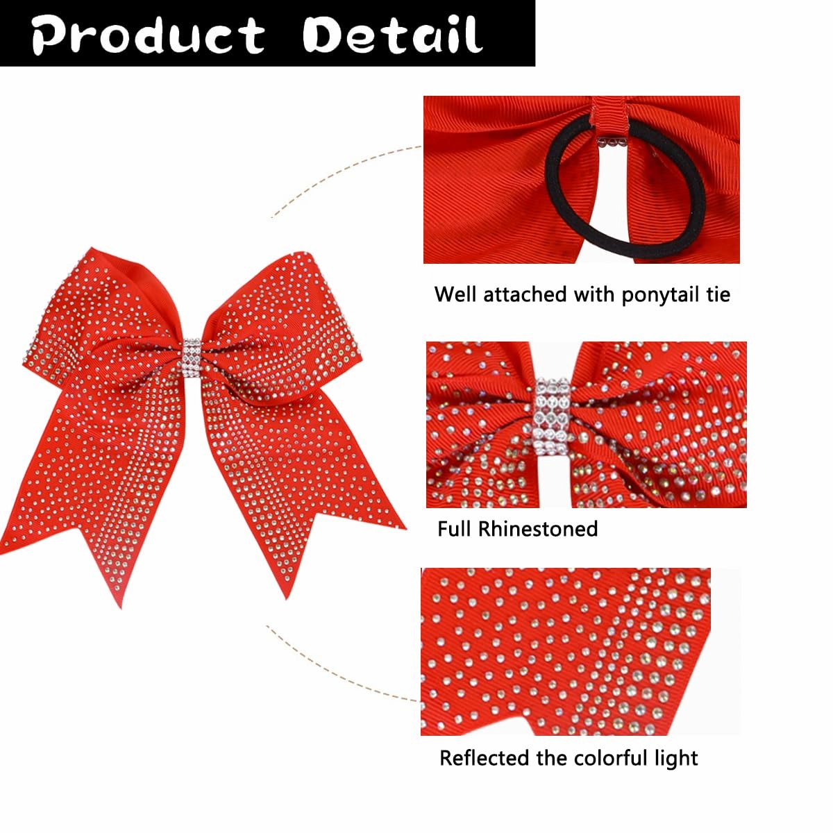 Hipcheer 10PCS Large Glitter Cheer Bows with Full Shiny Rhinestones Multicolored Shimmer Cheer Hair Bows Elastic Band Ponytail Holder for Cheerleader Girls Sports (Red)