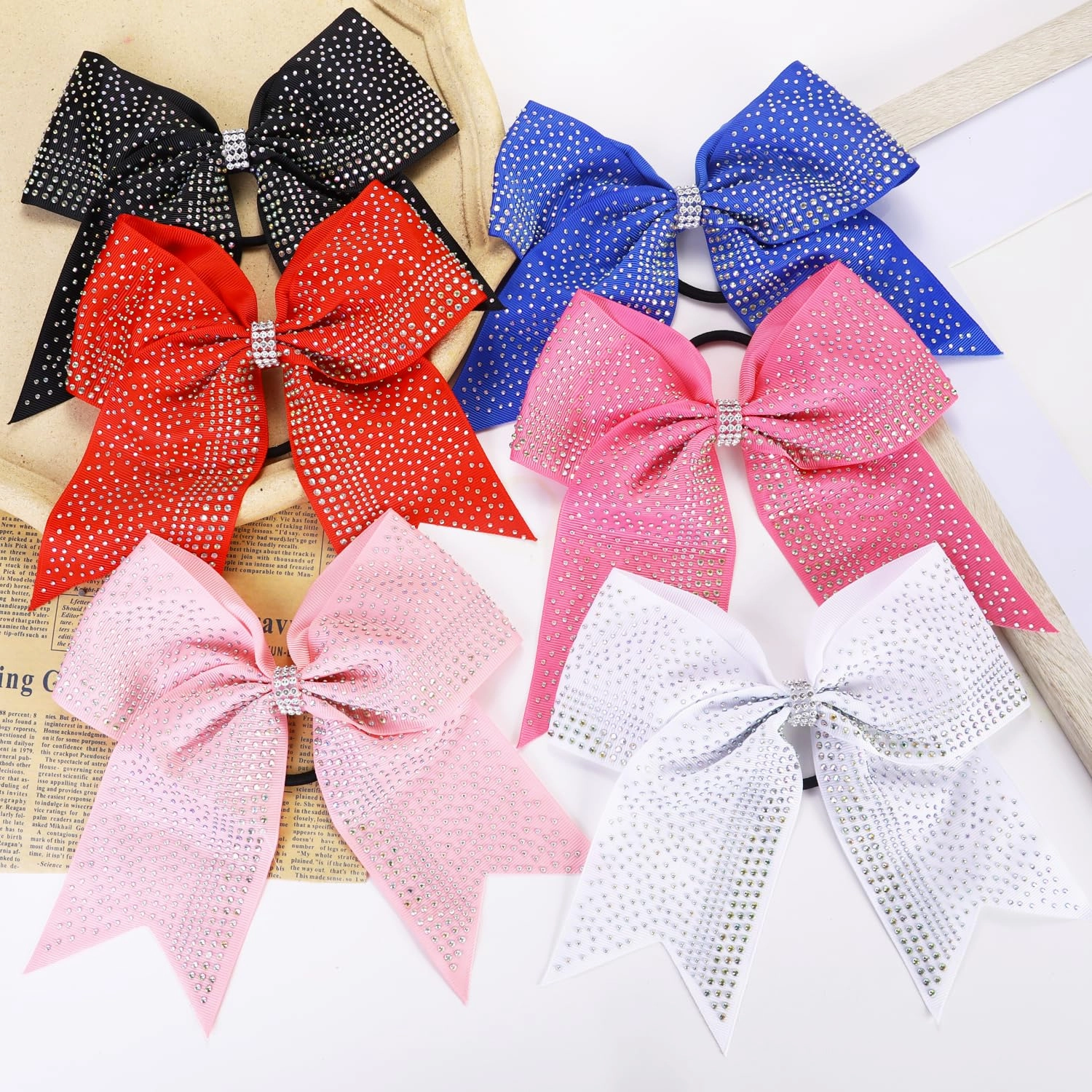 Hipcheer 10PCS Large Glitter Cheer Bows with Full Shiny Rhinestones Multicolored Shimmer Cheer Hair Bows Elastic Band Ponytail Holder for Cheerleader Girls Sports (Red)