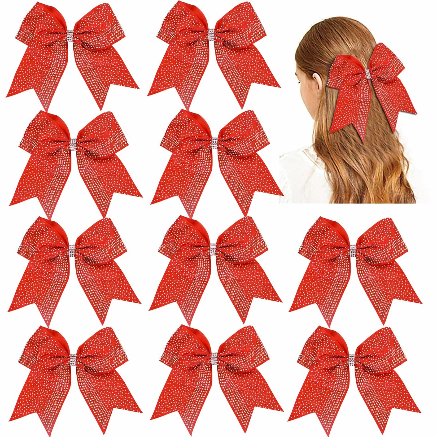 Hipcheer 10PCS Large Glitter Cheer Bows with Full Shiny Rhinestones Multicolored Shimmer Cheer Hair Bows Elastic Band Ponytail Holder for Cheerleader Girls Sports (Red)