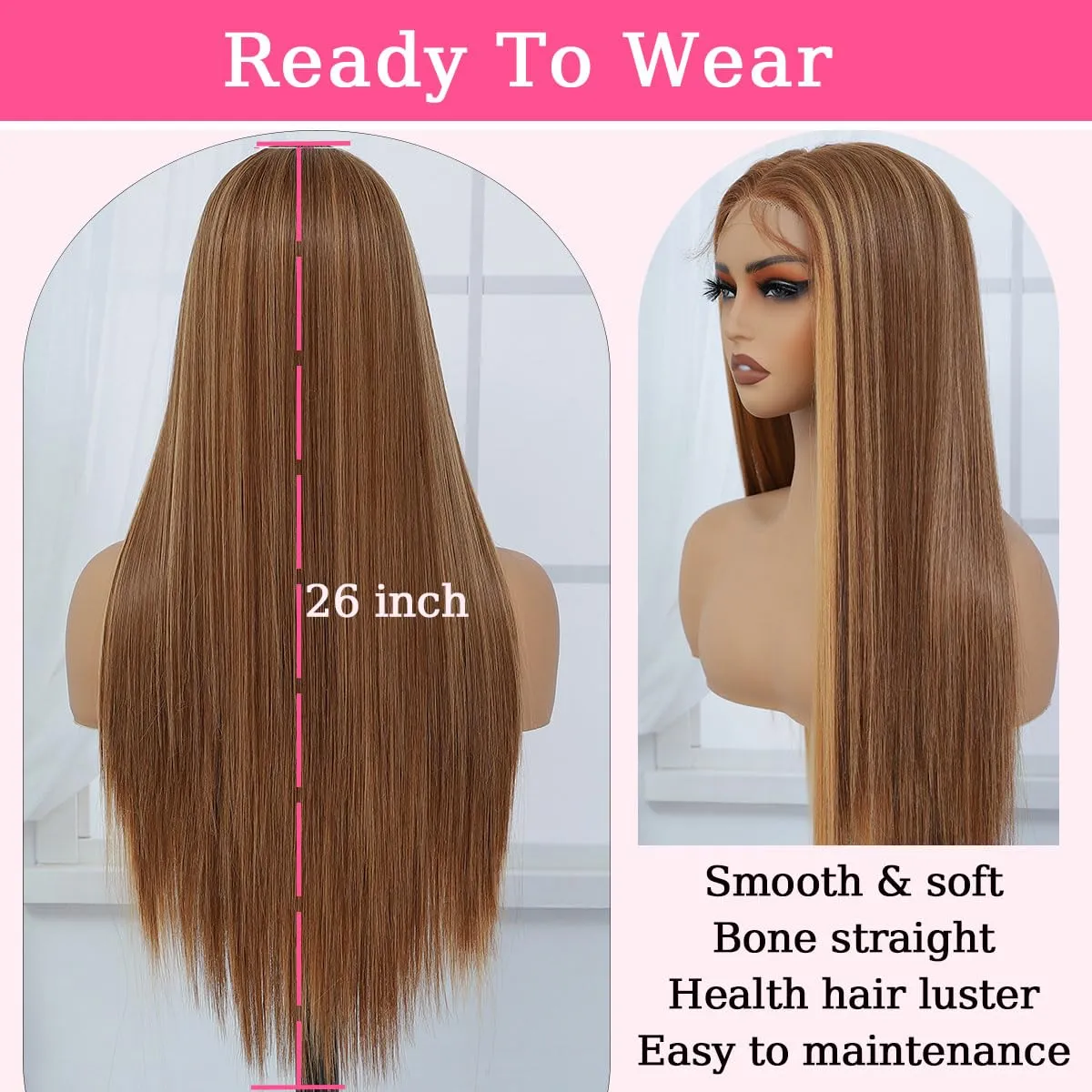 Honey Blonde HD Lace Front Wig Synthetic Pre Pulcked Wear And Go Glueless Wig Highlight Ombre Synthetic Lace Front Wigs for Women 4/27 Highlights Straight Synthetic Lace Front Wig 26 inch