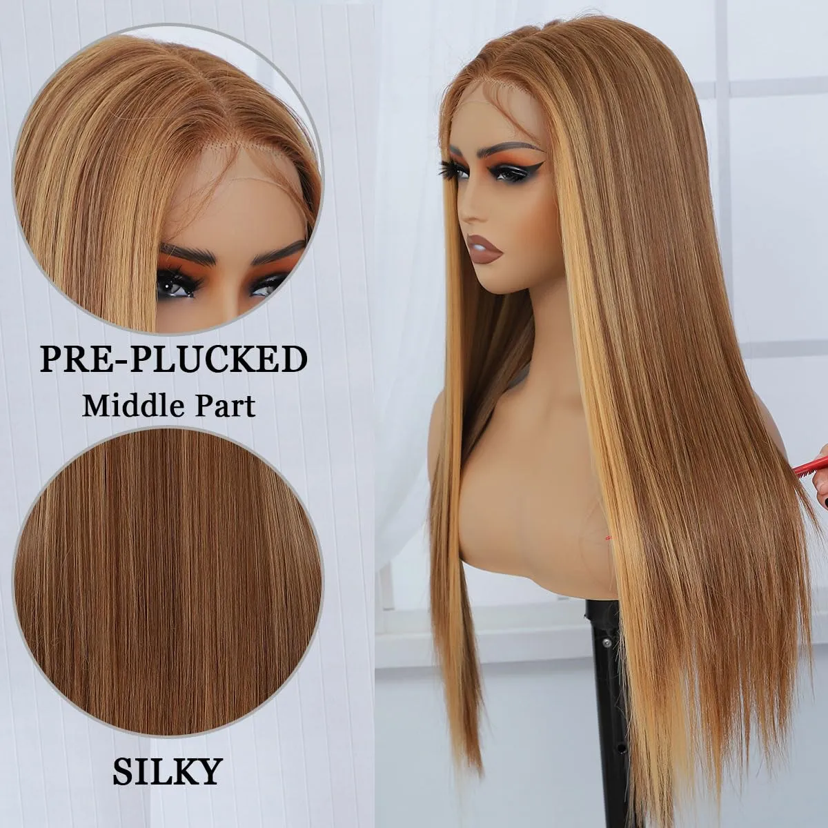 Honey Blonde HD Lace Front Wig Synthetic Pre Pulcked Wear And Go Glueless Wig Highlight Ombre Synthetic Lace Front Wigs for Women 4/27 Highlights Straight Synthetic Lace Front Wig 26 inch