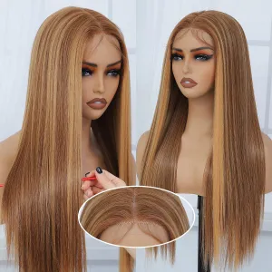 Honey Blonde HD Lace Front Wig Synthetic Pre Pulcked Wear And Go Glueless Wig Highlight Ombre Synthetic Lace Front Wigs for Women 4/27 Highlights Straight Synthetic Lace Front Wig 26 inch