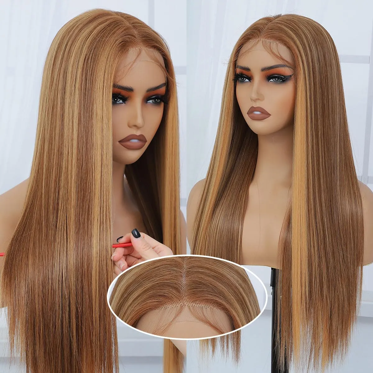 Honey Blonde HD Lace Front Wig Synthetic Pre Pulcked Wear And Go Glueless Wig Highlight Ombre Synthetic Lace Front Wigs for Women 4/27 Highlights Straight Synthetic Lace Front Wig 26 inch