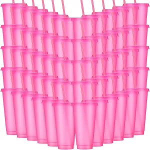 Honeydak 60 Pack Tumbler with Straw and Lid Bulk Glitter Plastic Cups Water Bottle Iced Coffee Travel Mug Reusable Party Favor Cups for Birthdays travel 24-27 oz (Hot Pink)