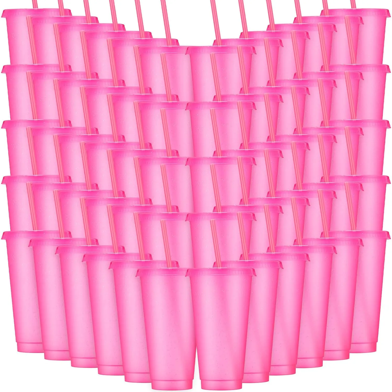 Honeydak 60 Pack Tumbler with Straw and Lid Bulk Glitter Plastic Cups Water Bottle Iced Coffee Travel Mug Reusable Party Favor Cups for Birthdays travel 24-27 oz (Hot Pink)
