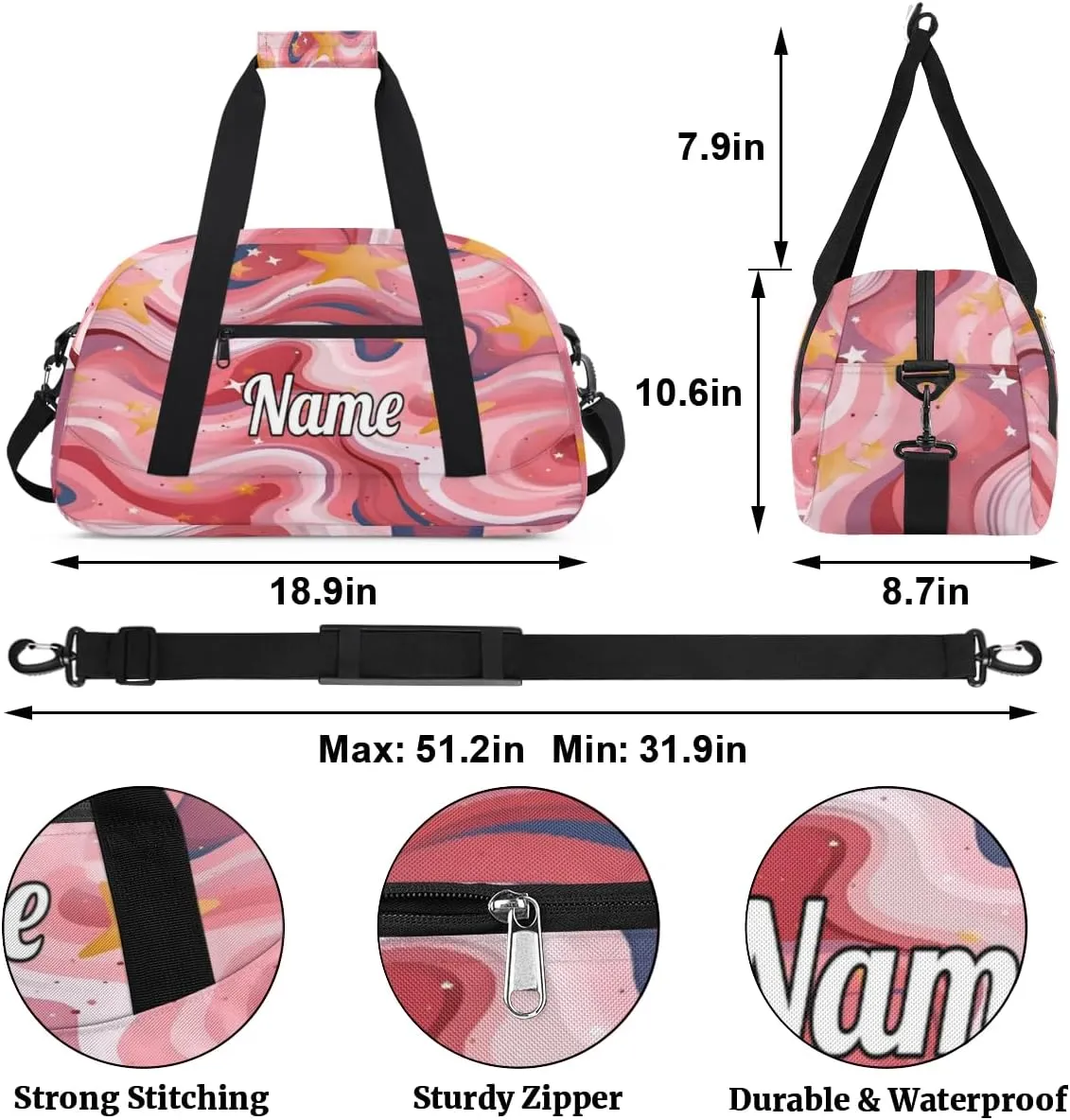 Hot Pink Shiny Custom Sports Gym Bag Personalized Dance Bag Teens Travel Weekender Overnight Carry On Bag Boys Girls Waterproof