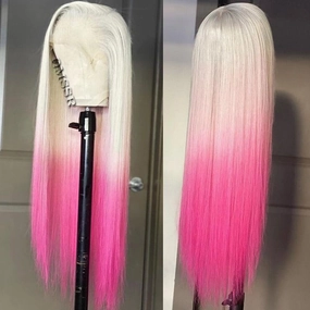 Hot Pink Synthetic Lace Front Wig Pre Plucked Hairline 24 Inch Long Straight Hair Ombre Platinum Blonde Lace Front Wigs for Fashion Women