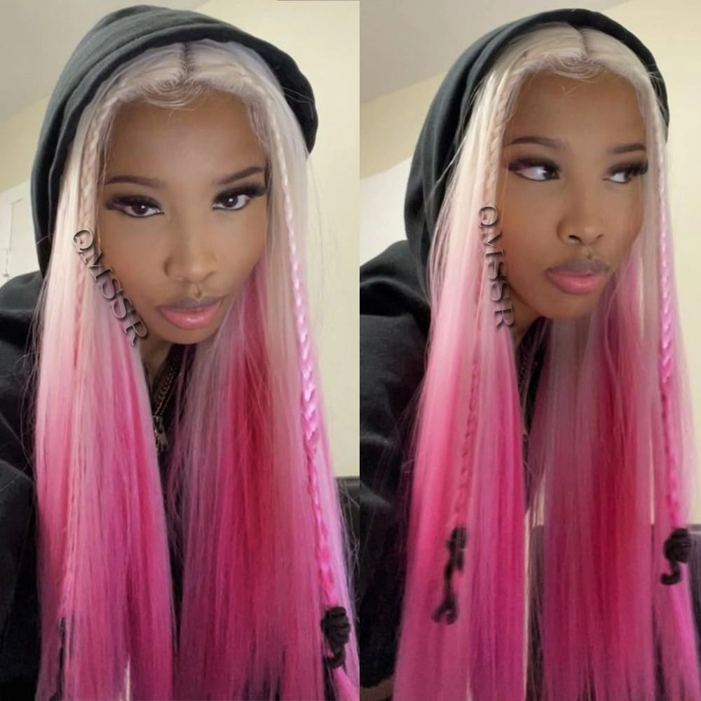 Hot Pink Synthetic Lace Front Wig Pre Plucked Hairline 24 Inch Long Straight Hair Ombre Platinum Blonde Lace Front Wigs for Fashion Women