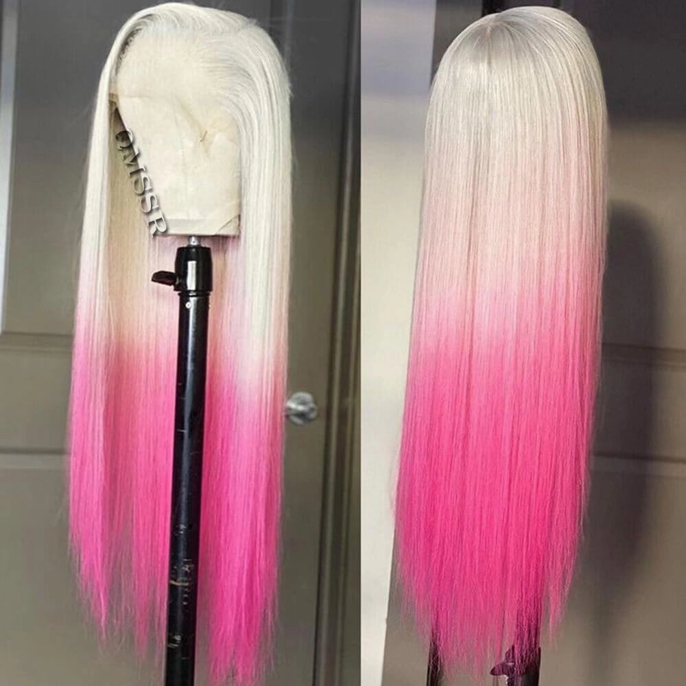 Hot Pink Synthetic Lace Front Wig Pre Plucked Hairline 24 Inch Long Straight Hair Ombre Platinum Blonde Lace Front Wigs for Fashion Women