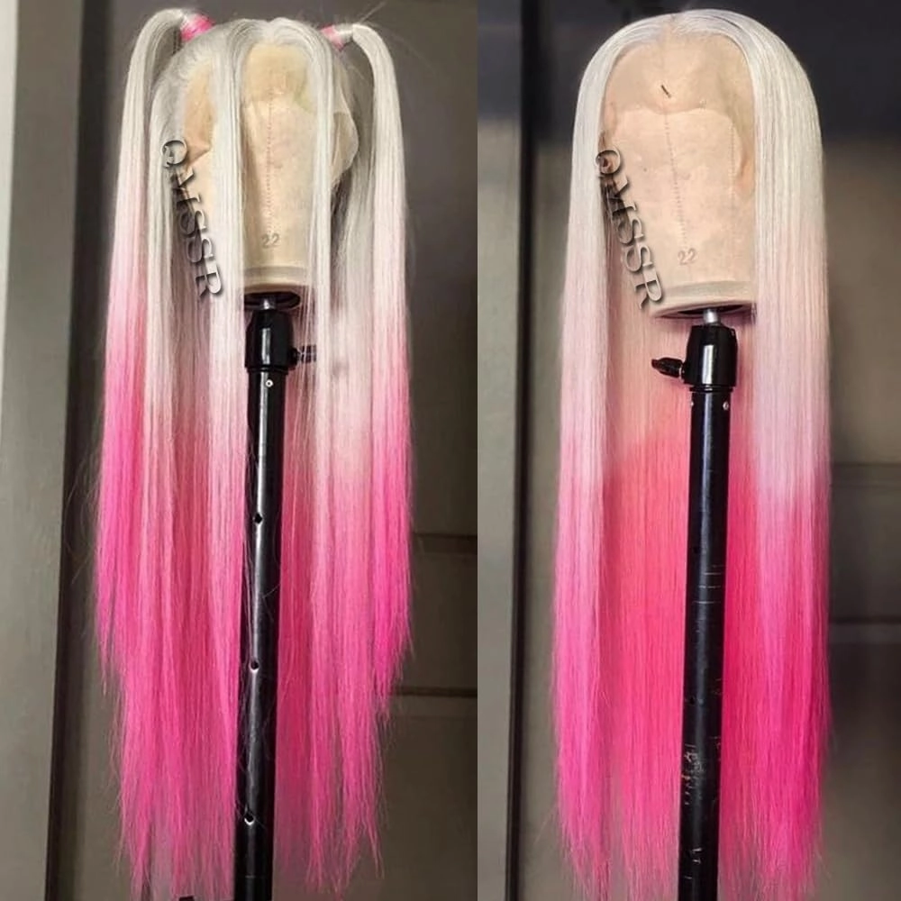 Hot Pink Synthetic Lace Front Wig Pre Plucked Hairline 24 Inch Long Straight Hair Ombre Platinum Blonde Lace Front Wigs for Fashion Women