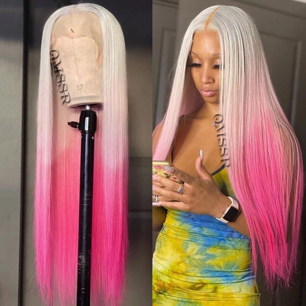 Hot Pink Synthetic Lace Front Wig Pre Plucked Hairline 24 Inch Long Straight Hair Ombre Platinum Blonde Lace Front Wigs for Fashion Women
