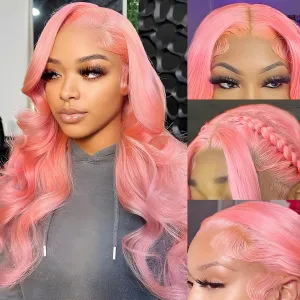HOTLOVE Pink Lace Front Wig - Human Hair Pre-Plucked Body Wave, 28 Inch, 180% Density, Glueless, HD Lace Frontal