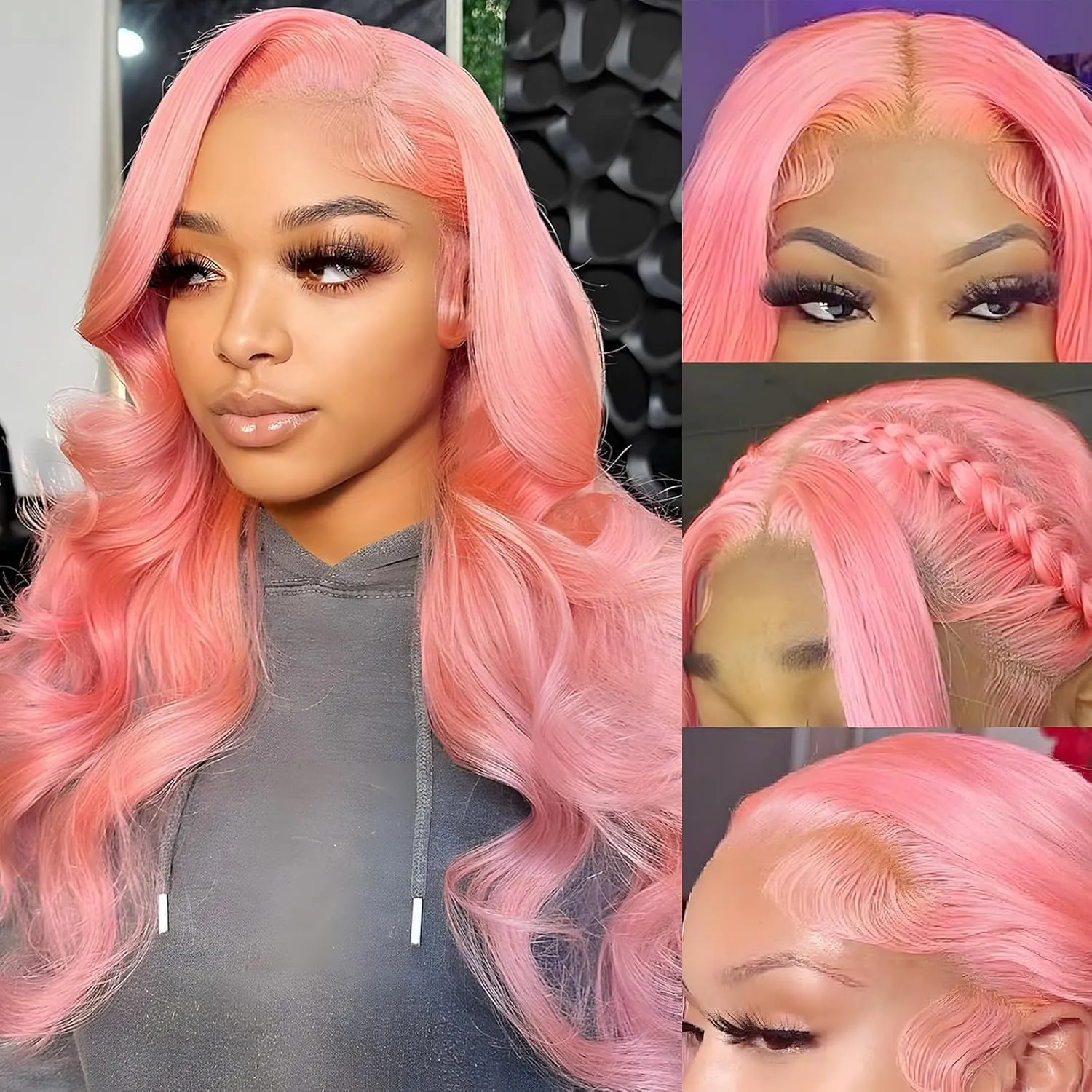 HOTLOVE Pink Lace Front Wig - Human Hair Pre-Plucked Body Wave, 28 Inch, 180% Density, Glueless, HD Lace Frontal