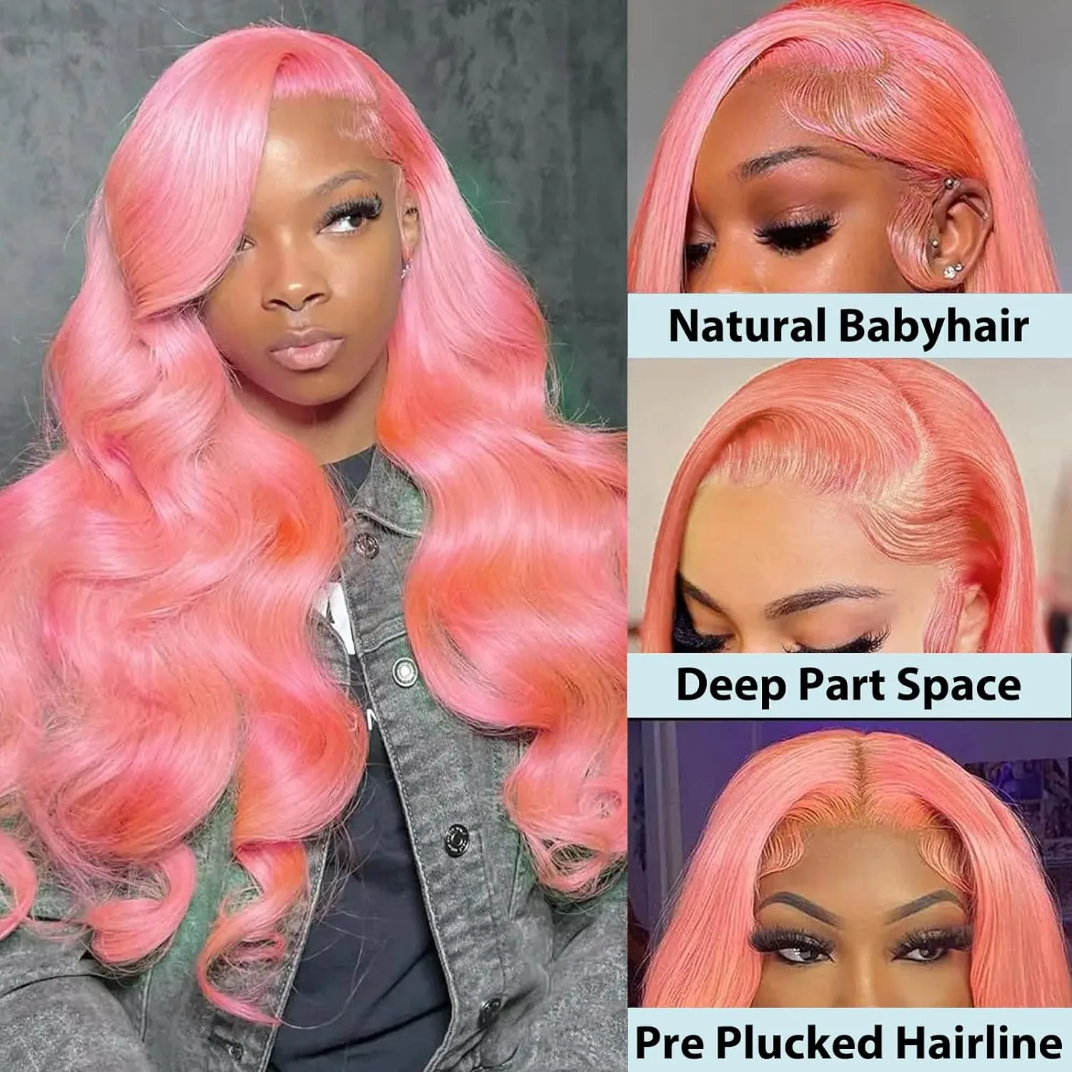HOTLOVE Pink Lace Front Wig - Human Hair Pre-Plucked Body Wave, 28 Inch, 180% Density, Glueless, HD Lace Frontal