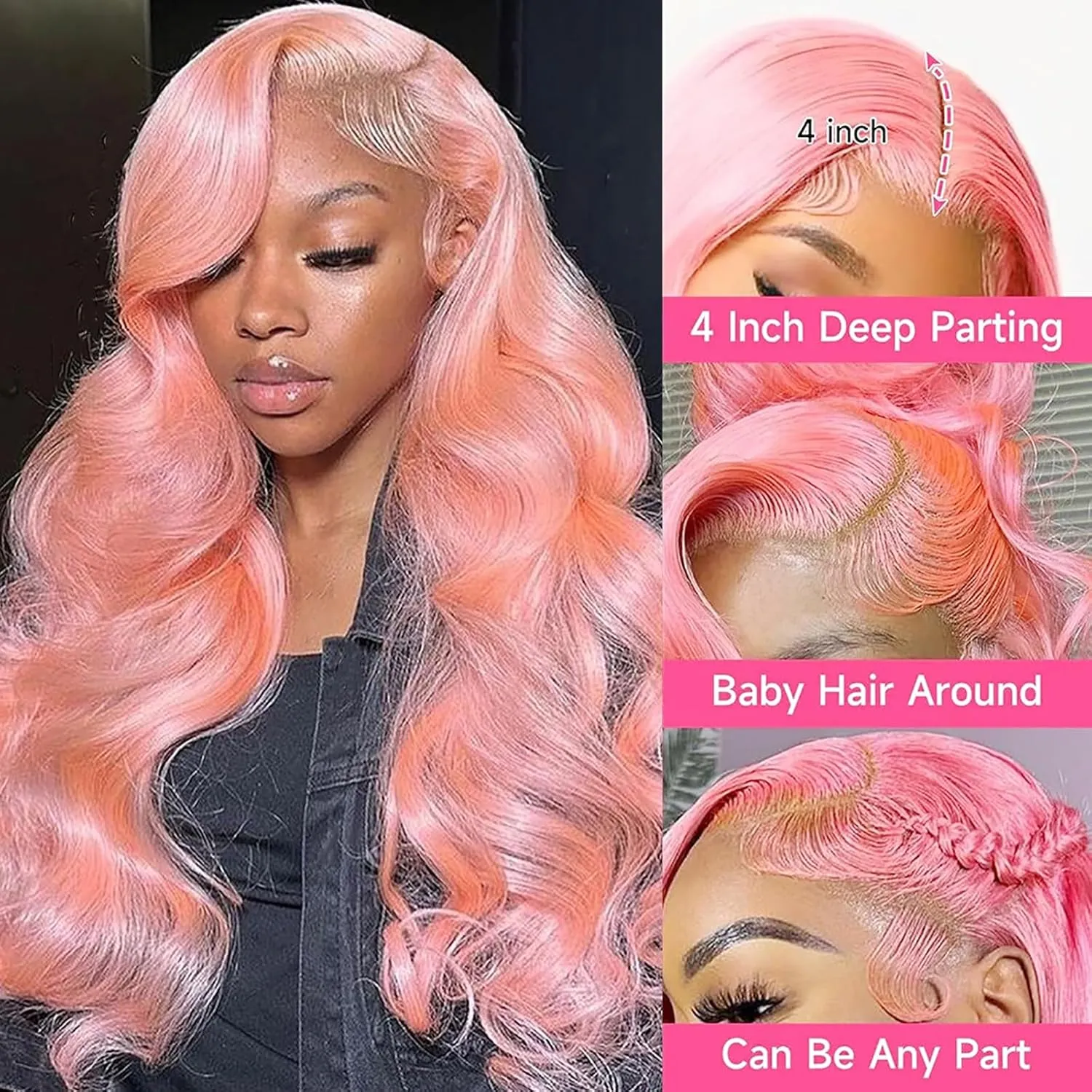 HOTLOVE Pink Lace Front Wig - Human Hair Pre-Plucked Body Wave, 28 Inch, 180% Density, Glueless, HD Lace Frontal