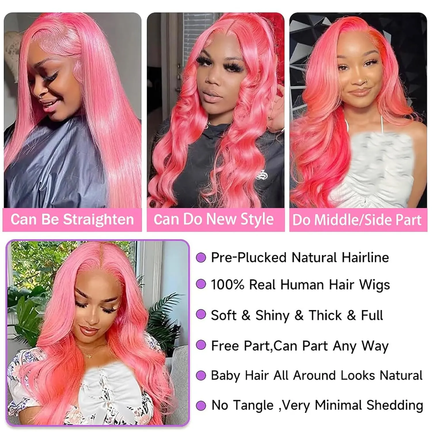 HOTLOVE Pink Lace Front Wig - Human Hair Pre-Plucked Body Wave, 28 Inch, 180% Density, Glueless, HD Lace Frontal