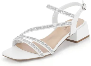 IDIFU IN2 Rhinestone Strappy Heels for Women Low Block Chunky Heels Square Open Toe Slingback Heeled Sandals Prom Wedding Bridal Dress Shoes Comfortable Sparkly Dressy Cute Trendy Short Thick Heels