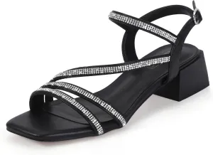 IDIFU IN2 Rhinestone Strappy Heels for Women Low Block Chunky Heels Square Open Toe Slingback Heeled Sandals Prom Wedding Bridal Dress Shoes Comfortable Sparkly Dressy Cute Trendy Short Thick Heels