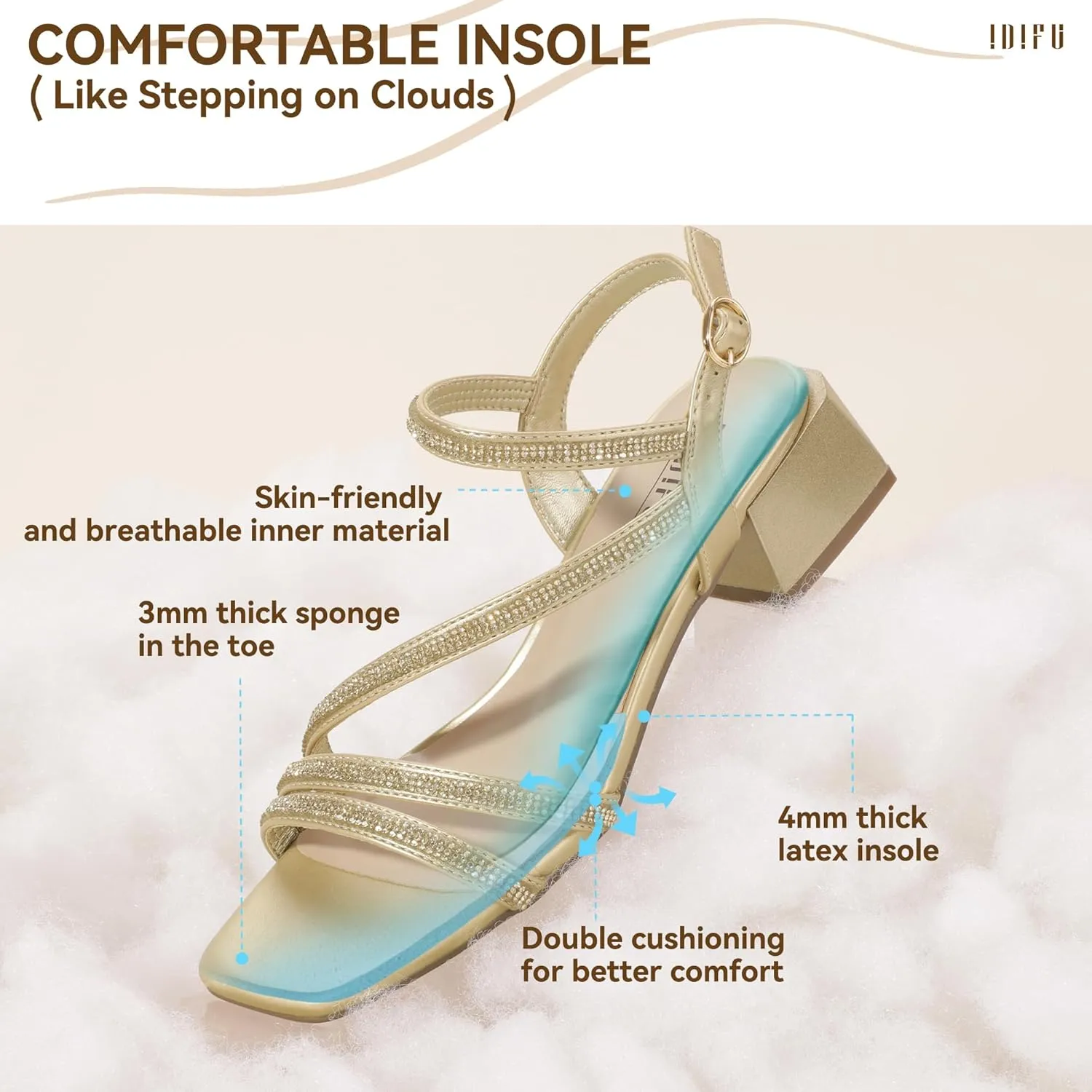 IDIFU IN2 Rhinestone Strappy Heels for Women Low Block Chunky Heels Square Open Toe Slingback Heeled Sandals Prom Wedding Bridal Dress Shoes Comfortable Sparkly Dressy Cute Trendy Short Thick Heels