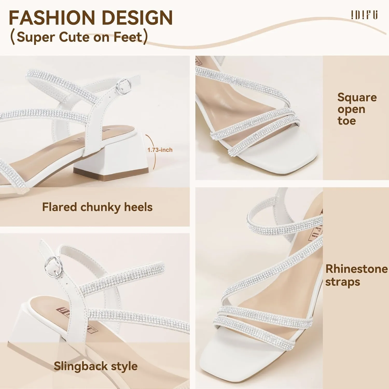 IDIFU IN2 Rhinestone Strappy Heels for Women Low Block Chunky Heels Square Open Toe Slingback Heeled Sandals Prom Wedding Bridal Dress Shoes Comfortable Sparkly Dressy Cute Trendy Short Thick Heels