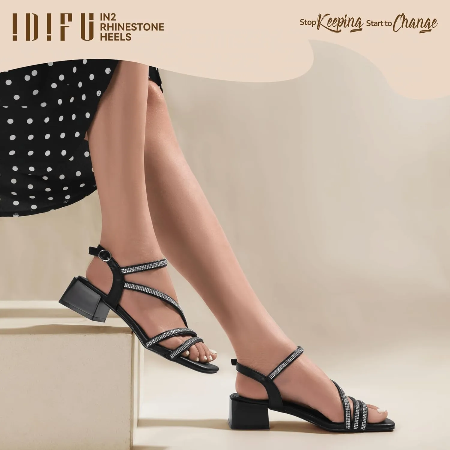 IDIFU IN2 Rhinestone Strappy Heels for Women Low Block Chunky Heels Square Open Toe Slingback Heeled Sandals Prom Wedding Bridal Dress Shoes Comfortable Sparkly Dressy Cute Trendy Short Thick Heels