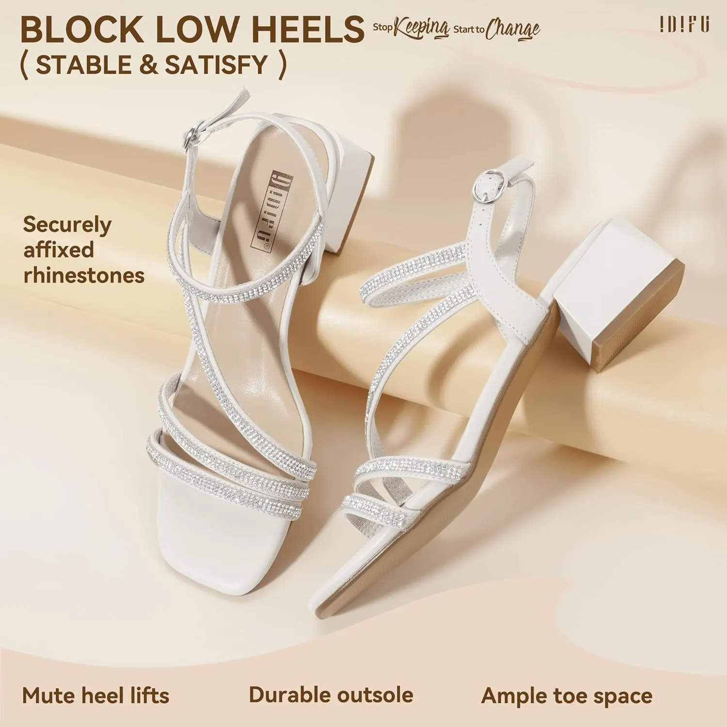 IDIFU IN2 Rhinestone Strappy Heels for Women Low Block Chunky Heels Square Open Toe Slingback Heeled Sandals Prom Wedding Bridal Dress Shoes Comfortable Sparkly Dressy Cute Trendy Short Thick Heels