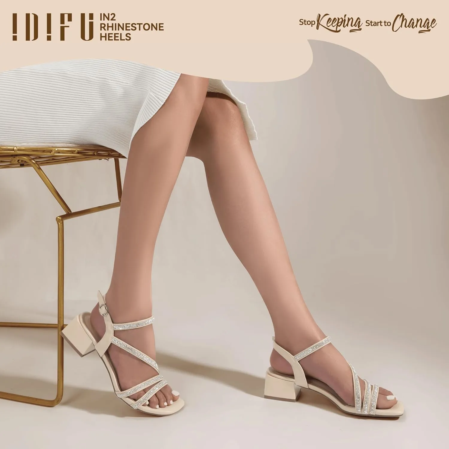 IDIFU IN2 Rhinestone Strappy Heels for Women Low Block Chunky Heels Square Open Toe Slingback Heeled Sandals Prom Wedding Bridal Dress Shoes Comfortable Sparkly Dressy Cute Trendy Short Thick Heels