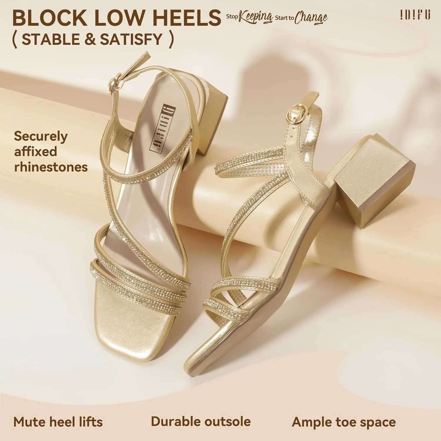 IDIFU IN2 Rhinestone Strappy Heels for Women Low Block Chunky Heels Square Open Toe Slingback Heeled Sandals Prom Wedding Bridal Dress Shoes Comfortable Sparkly Dressy Cute Trendy Short Thick Heels