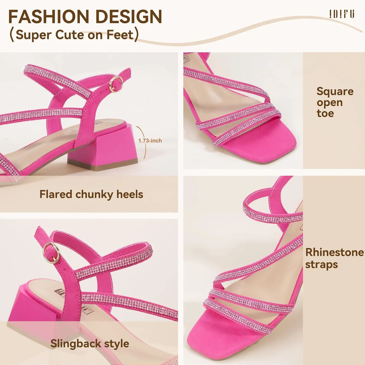 IDIFU IN2 Rhinestone Strappy Heels for Women Low Block Chunky Heels Square Open Toe Slingback Heeled Sandals Prom Wedding Bridal Dress Shoes Comfortable Sparkly Dressy Cute Trendy Short Thick Heels
