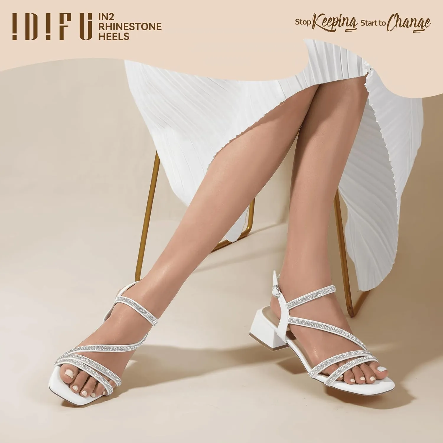 IDIFU IN2 Rhinestone Strappy Heels for Women Low Block Chunky Heels Square Open Toe Slingback Heeled Sandals Prom Wedding Bridal Dress Shoes Comfortable Sparkly Dressy Cute Trendy Short Thick Heels