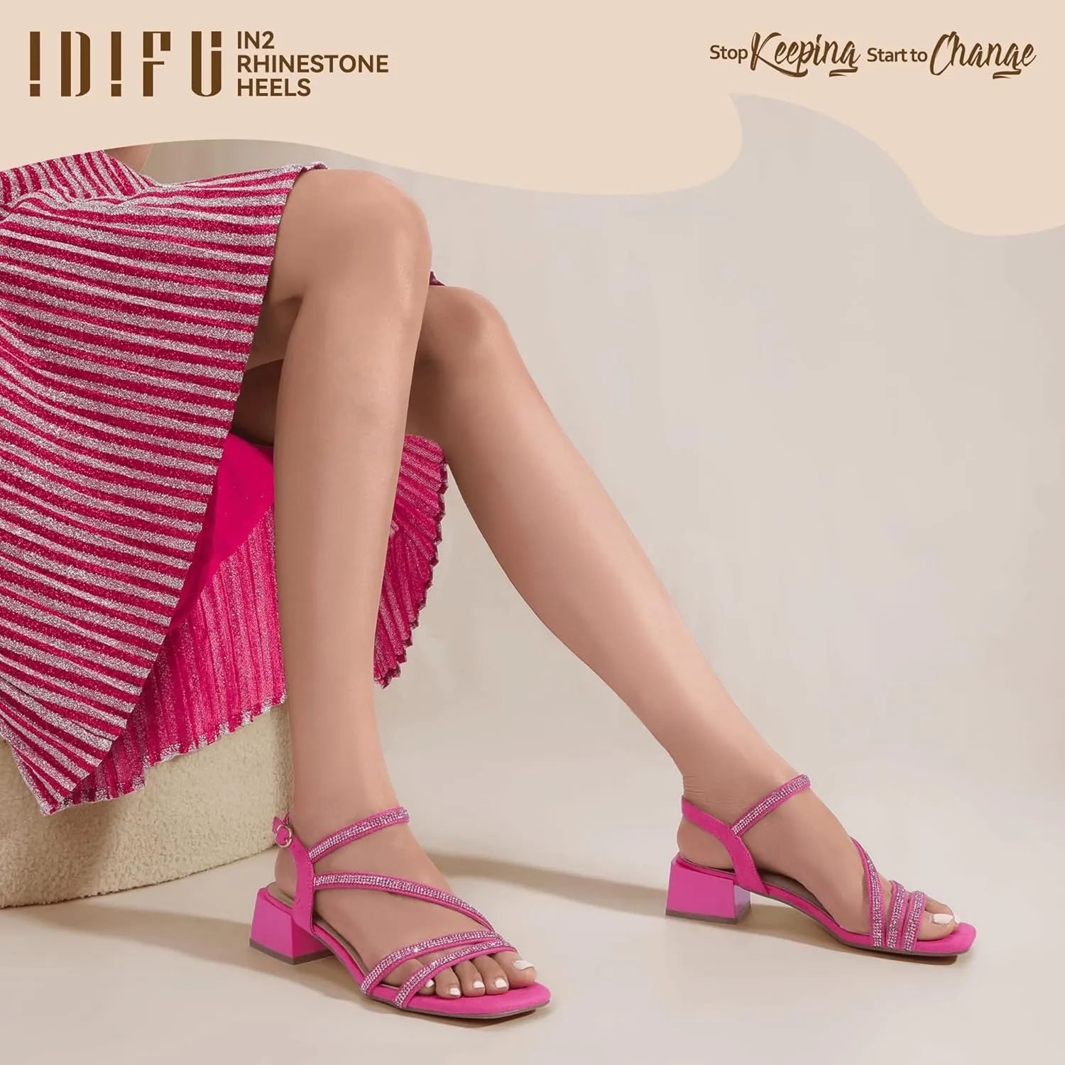 IDIFU IN2 Rhinestone Strappy Heels for Women Low Block Chunky Heels Square Open Toe Slingback Heeled Sandals Prom Wedding Bridal Dress Shoes Comfortable Sparkly Dressy Cute Trendy Short Thick Heels