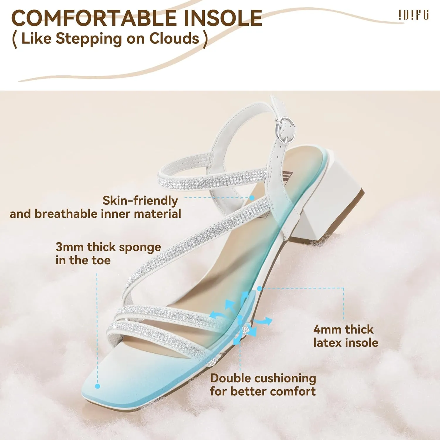 IDIFU IN2 Rhinestone Strappy Heels for Women Low Block Chunky Heels Square Open Toe Slingback Heeled Sandals Prom Wedding Bridal Dress Shoes Comfortable Sparkly Dressy Cute Trendy Short Thick Heels
