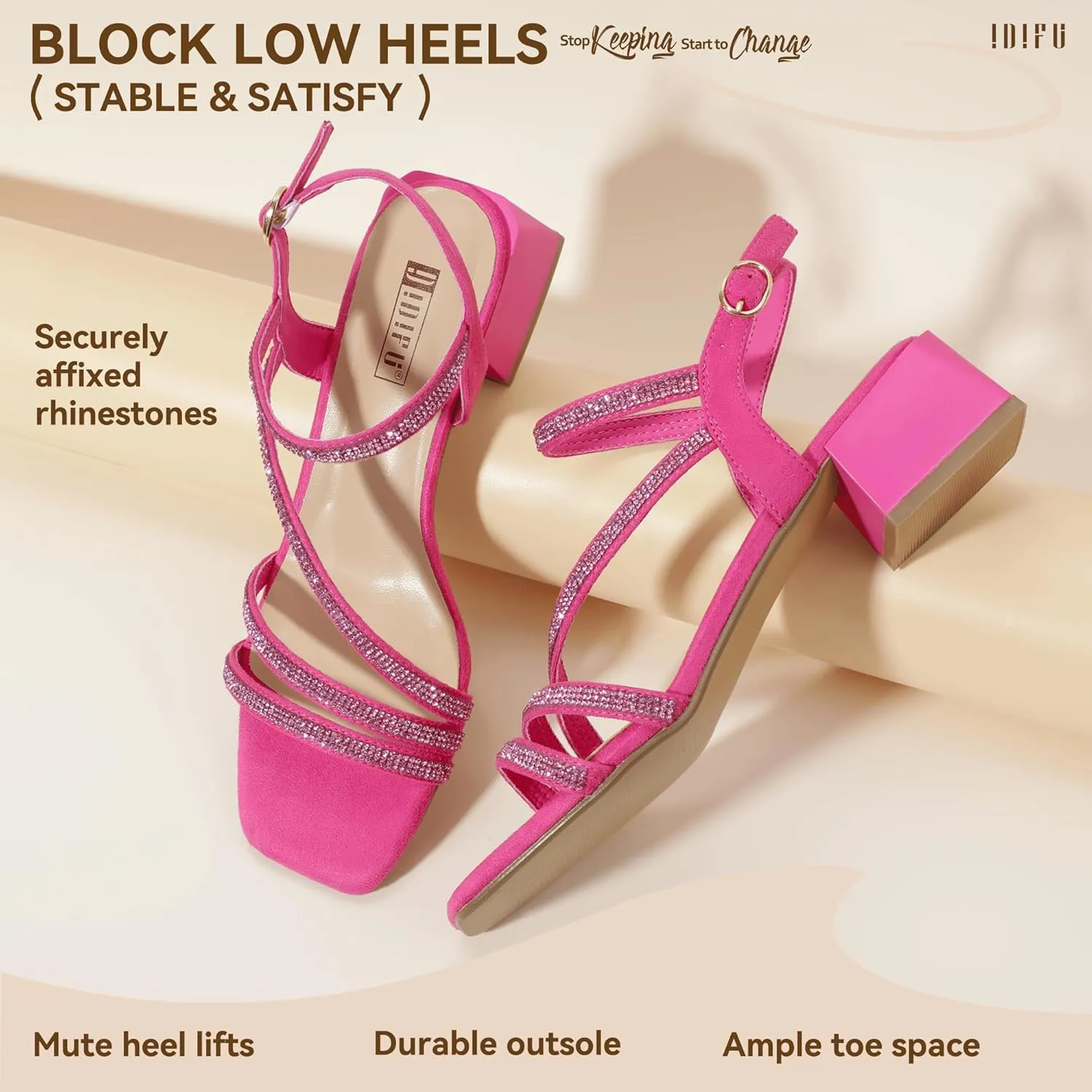 IDIFU IN2 Rhinestone Strappy Heels for Women Low Block Chunky Heels Square Open Toe Slingback Heeled Sandals Prom Wedding Bridal Dress Shoes Comfortable Sparkly Dressy Cute Trendy Short Thick Heels