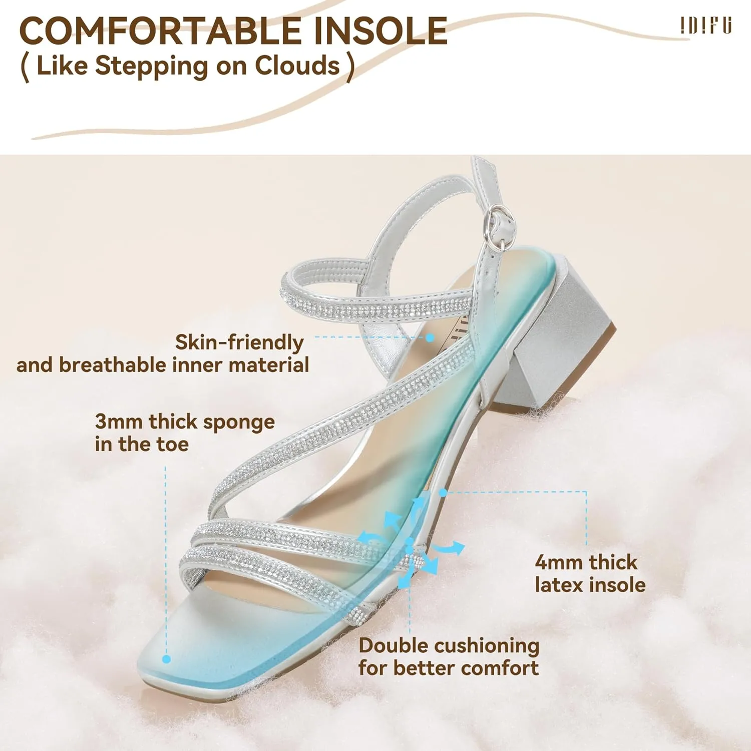 IDIFU IN2 Rhinestone Strappy Heels for Women Low Block Chunky Heels Square Open Toe Slingback Heeled Sandals Prom Wedding Bridal Dress Shoes Comfortable Sparkly Dressy Cute Trendy Short Thick Heels