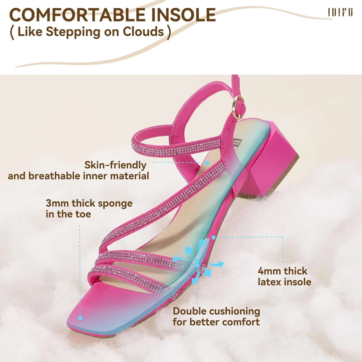 IDIFU IN2 Rhinestone Strappy Heels for Women Low Block Chunky Heels Square Open Toe Slingback Heeled Sandals Prom Wedding Bridal Dress Shoes Comfortable Sparkly Dressy Cute Trendy Short Thick Heels
