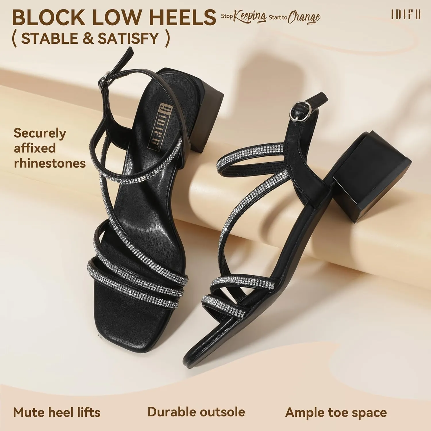 IDIFU IN2 Rhinestone Strappy Heels for Women Low Block Chunky Heels Square Open Toe Slingback Heeled Sandals Prom Wedding Bridal Dress Shoes Comfortable Sparkly Dressy Cute Trendy Short Thick Heels