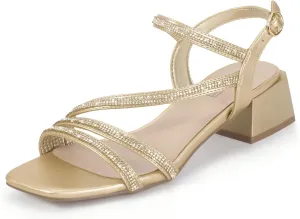 IDIFU IN2 Rhinestone Strappy Heels for Women Low Block Chunky Heels Square Open Toe Slingback Heeled Sandals Prom Wedding Bridal Dress Shoes Comfortable Sparkly Dressy Cute Trendy Short Thick Heels