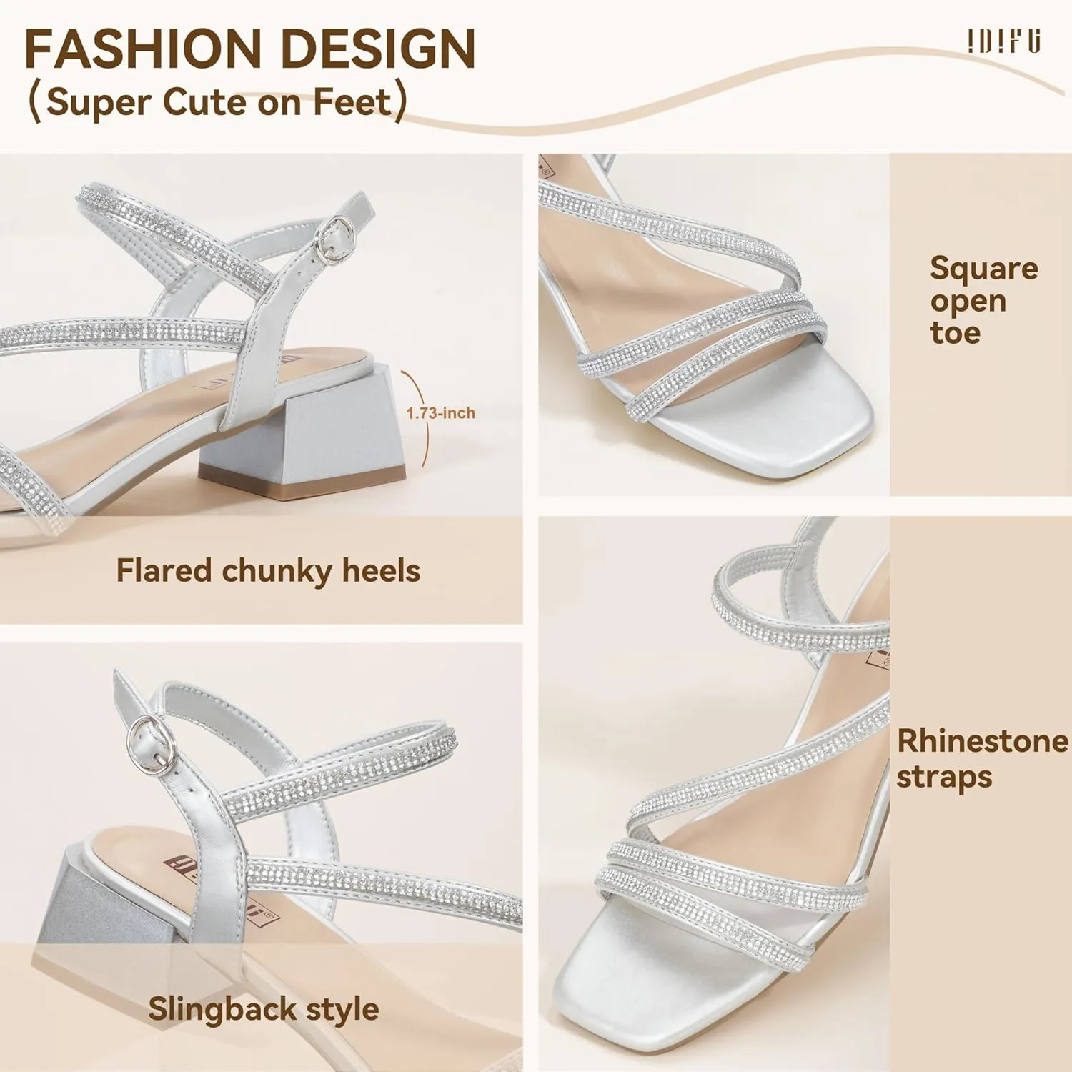 IDIFU IN2 Rhinestone Strappy Heels for Women Low Block Chunky Heels Square Open Toe Slingback Heeled Sandals Prom Wedding Bridal Dress Shoes Comfortable Sparkly Dressy Cute Trendy Short Thick Heels