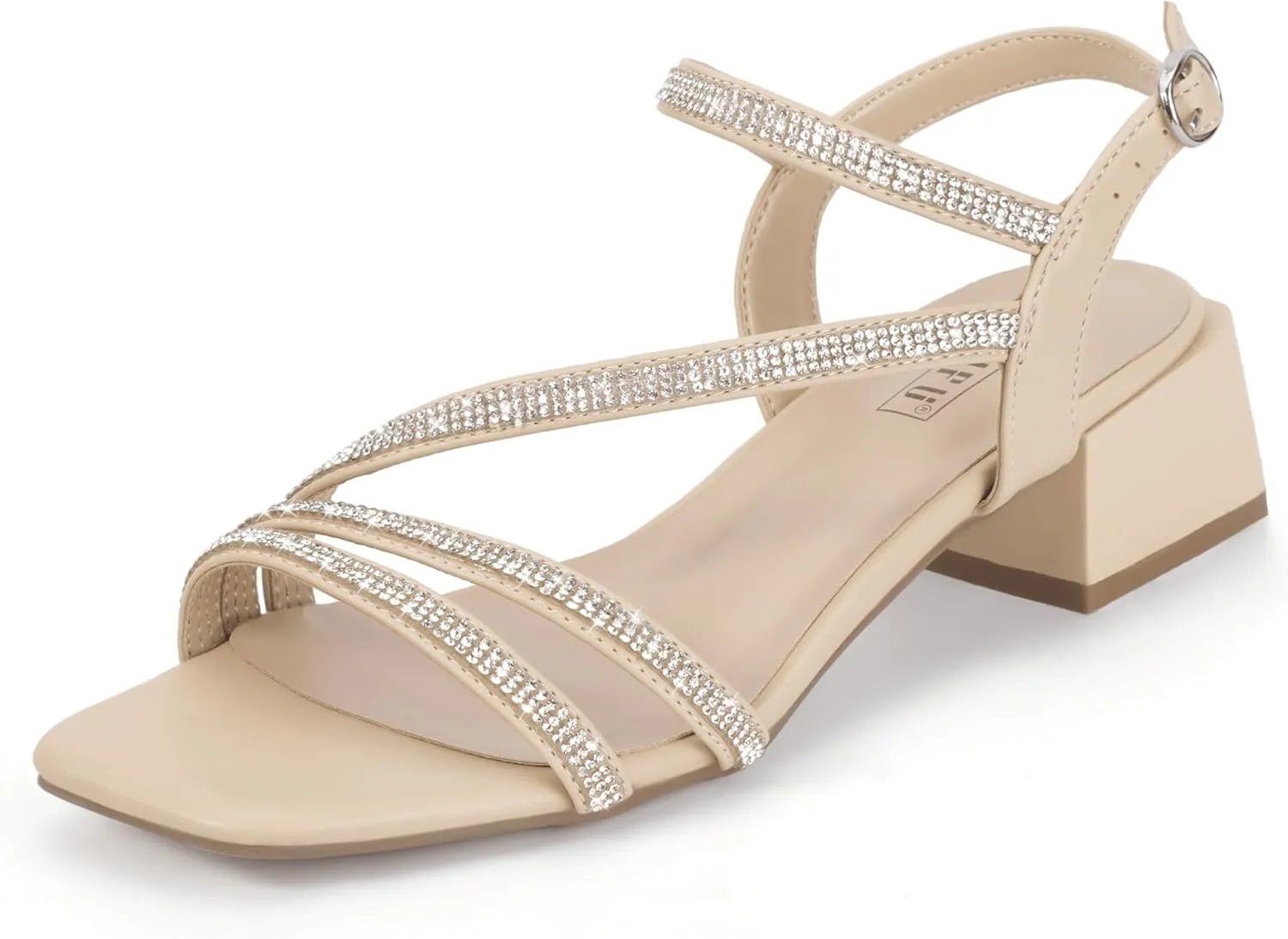 IDIFU IN2 Rhinestone Strappy Heels for Women Low Block Chunky Heels Square Open Toe Slingback Heeled Sandals Prom Wedding Bridal Dress Shoes Comfortable Sparkly Dressy Cute Trendy Short Thick Heels