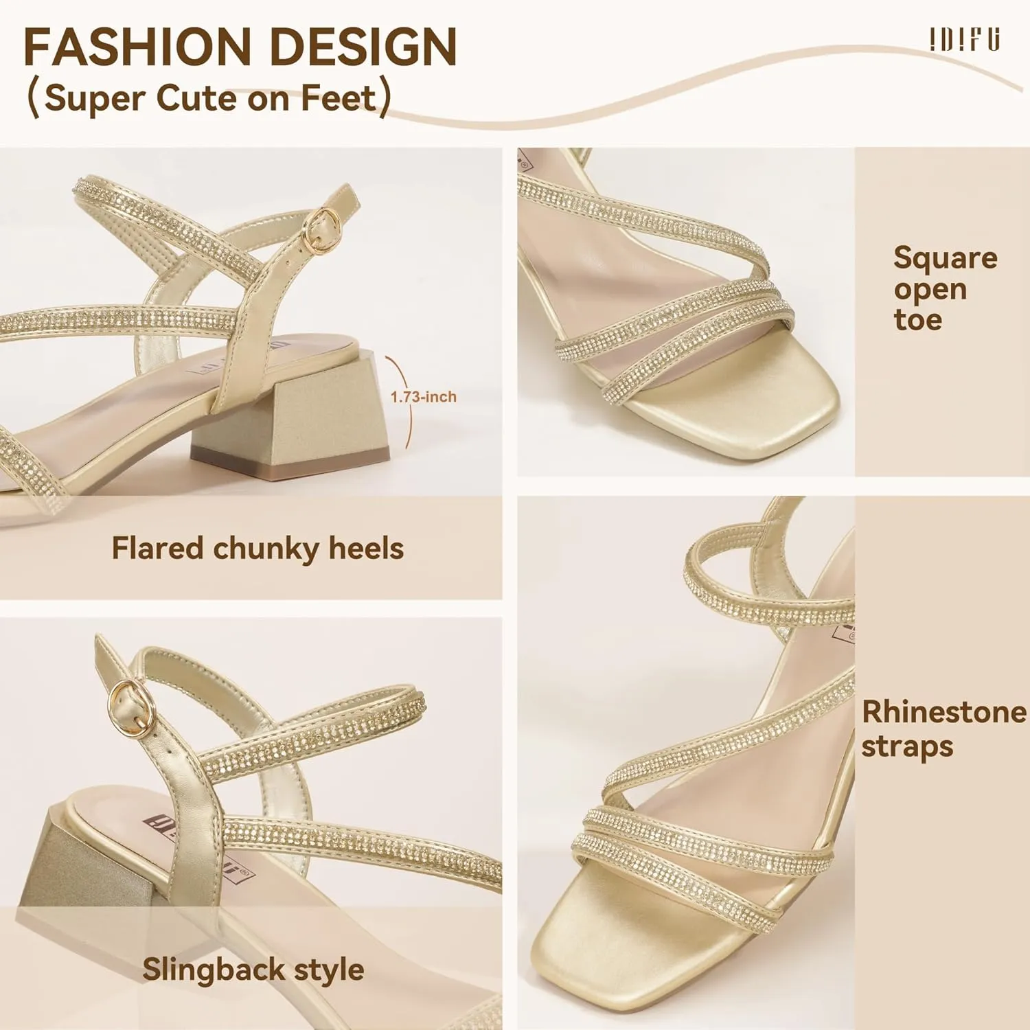 IDIFU IN2 Rhinestone Strappy Heels for Women Low Block Chunky Heels Square Open Toe Slingback Heeled Sandals Prom Wedding Bridal Dress Shoes Comfortable Sparkly Dressy Cute Trendy Short Thick Heels