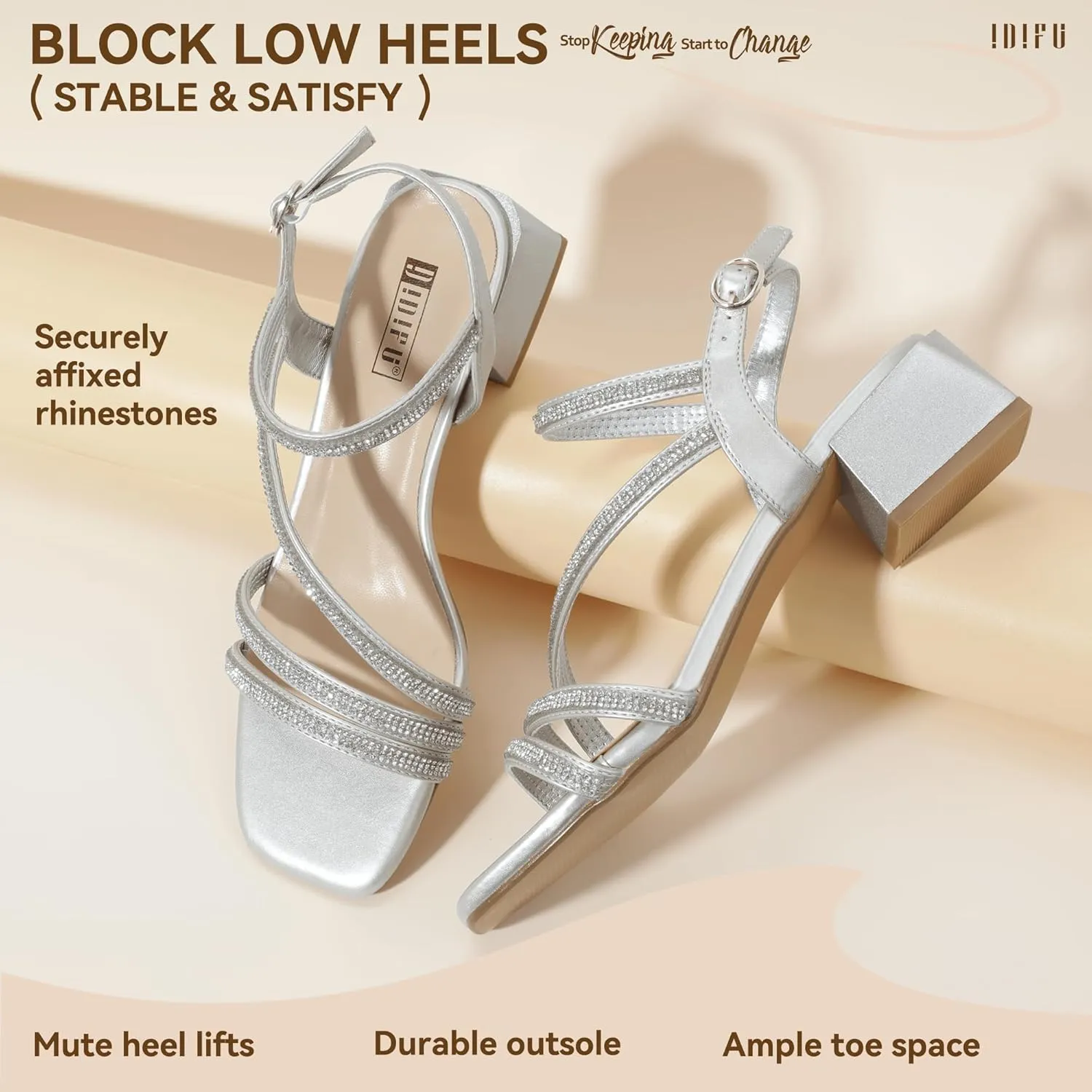 IDIFU IN2 Rhinestone Strappy Heels for Women Low Block Chunky Heels Square Open Toe Slingback Heeled Sandals Prom Wedding Bridal Dress Shoes Comfortable Sparkly Dressy Cute Trendy Short Thick Heels