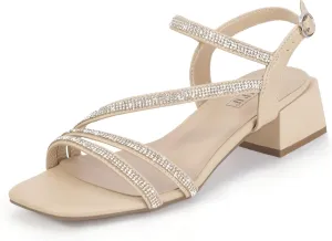 IDIFU IN2 Rhinestone Strappy Heels for Women Low Block Chunky Heels Square Open Toe Slingback Heeled Sandals Prom Wedding Bridal Dress Shoes Comfortable Sparkly Dressy Cute Trendy Short Thick Heels