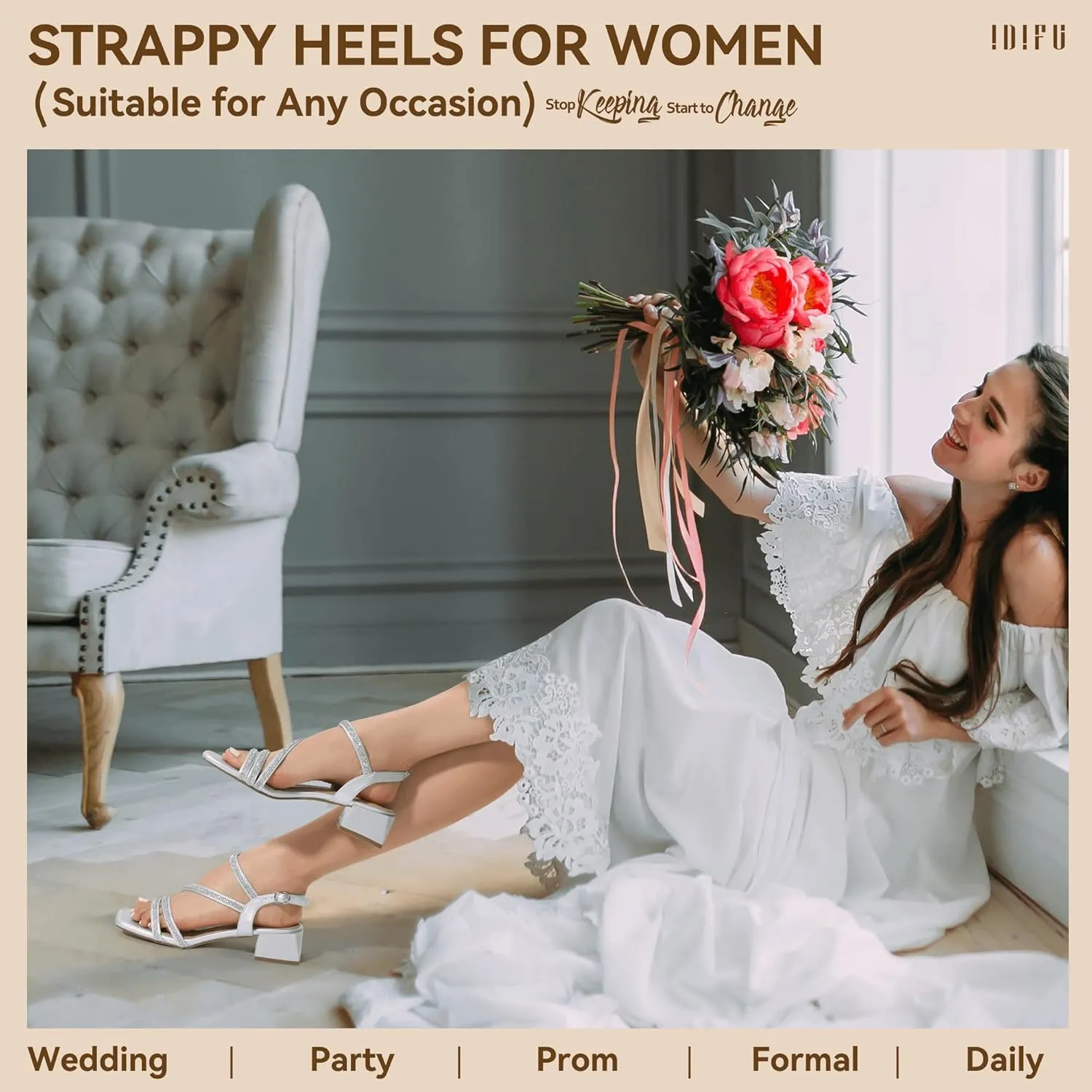 IDIFU IN2 Rhinestone Strappy Heels for Women Low Block Chunky Heels Square Open Toe Slingback Heeled Sandals Prom Wedding Bridal Dress Shoes Comfortable Sparkly Dressy Cute Trendy Short Thick Heels