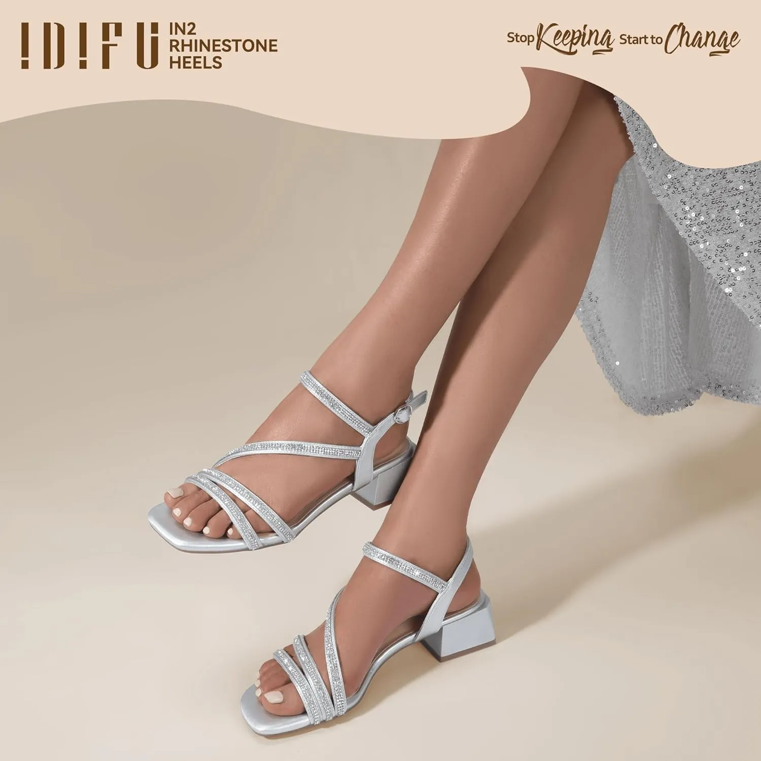 IDIFU IN2 Rhinestone Strappy Heels for Women Low Block Chunky Heels Square Open Toe Slingback Heeled Sandals Prom Wedding Bridal Dress Shoes Comfortable Sparkly Dressy Cute Trendy Short Thick Heels