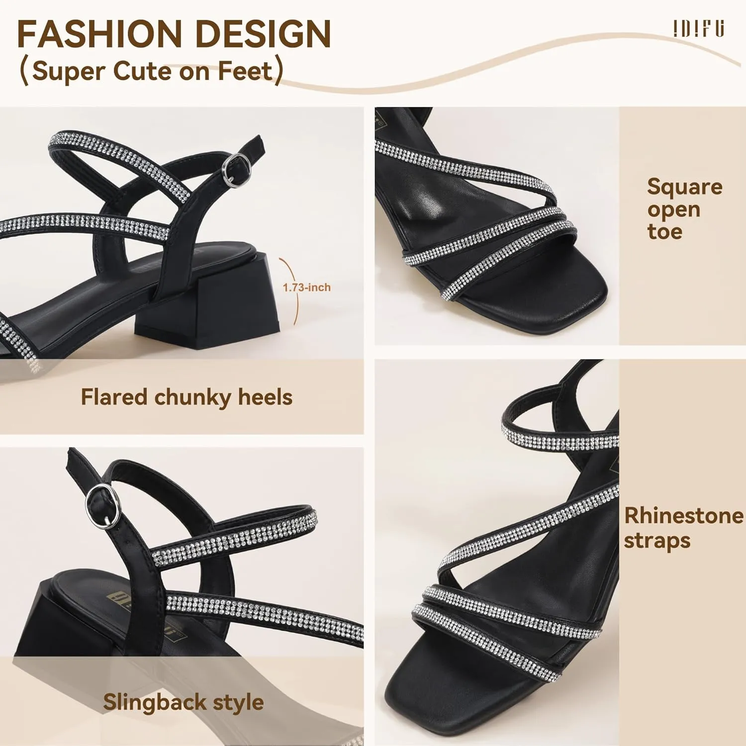 IDIFU IN2 Rhinestone Strappy Heels for Women Low Block Chunky Heels Square Open Toe Slingback Heeled Sandals Prom Wedding Bridal Dress Shoes Comfortable Sparkly Dressy Cute Trendy Short Thick Heels