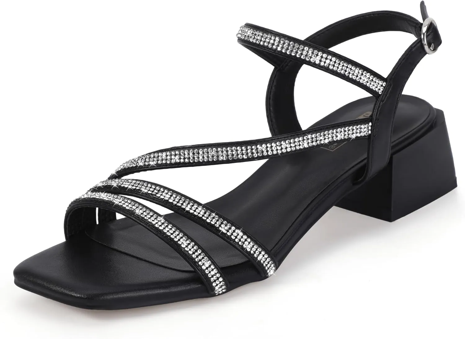 IDIFU IN2 Rhinestone Strappy Heels for Women Low Block Chunky Heels Square Open Toe Slingback Heeled Sandals Prom Wedding Bridal Dress Shoes Comfortable Sparkly Dressy Cute Trendy Short Thick Heels